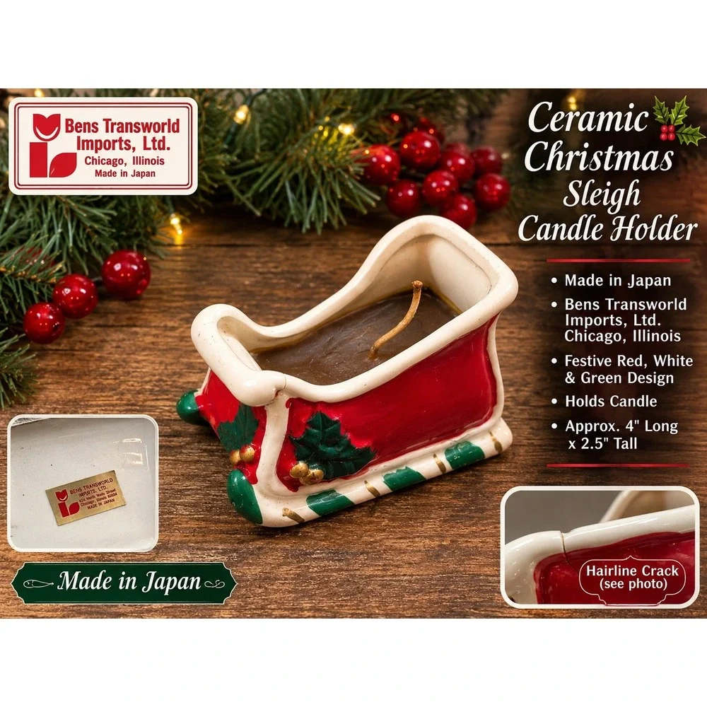 Vintage Bens Transworld Imports Ceramic Christmas Sleigh Candle Holder Japan